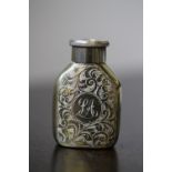 Victorian plated bottle shaped vesta case, engraved front, lid with Mortons patent 'The Maze'