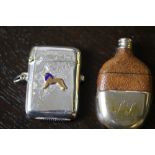 Late Victorian brown leather covered plated flask shape vesta case and one other vesta case