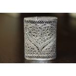 Early 20th Century white metal filigree vesta worked to side with hearts