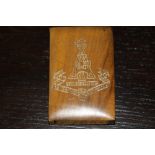 Early 20th century walnut rectangular vesta case, engraved 'The Yorkshire Regt, Princess of Wales'