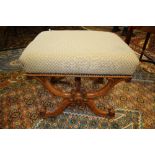 Early Victorian mahogany X pattern stool, the seat upholstered in gold scale fabric and buttoned,