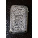 Victorian silver jubilee plated vesta case, front embossed with armorial, RDN no. 64922 (slight