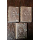 Three late 19th/early 20th Century 'Monarchy' pressed horn book patter vesta cases, one Victorian