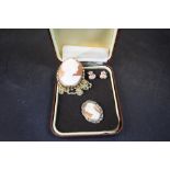 Gilt metal cameo brooch with 9ct gold chain, cameo brooch and pair of cameo earrings