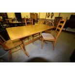 Pitch pine refectory table, two Ercol chairs and two other chairs