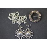 Enamelled silver filigree brooch, pair of silver earrings & white metal chain