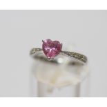 9ct white gold, pink crystal and diamond heart shaped ring, size M/N