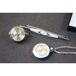 Villard enamelled silver pendant watch & chain, similar brooch and a Suja 'Bullseye' watch