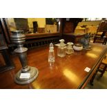 Silver Topped Tortoiseshell Powder Jar, 3 Scent Bottles, Candle stick and Spelter Dancing Trophy