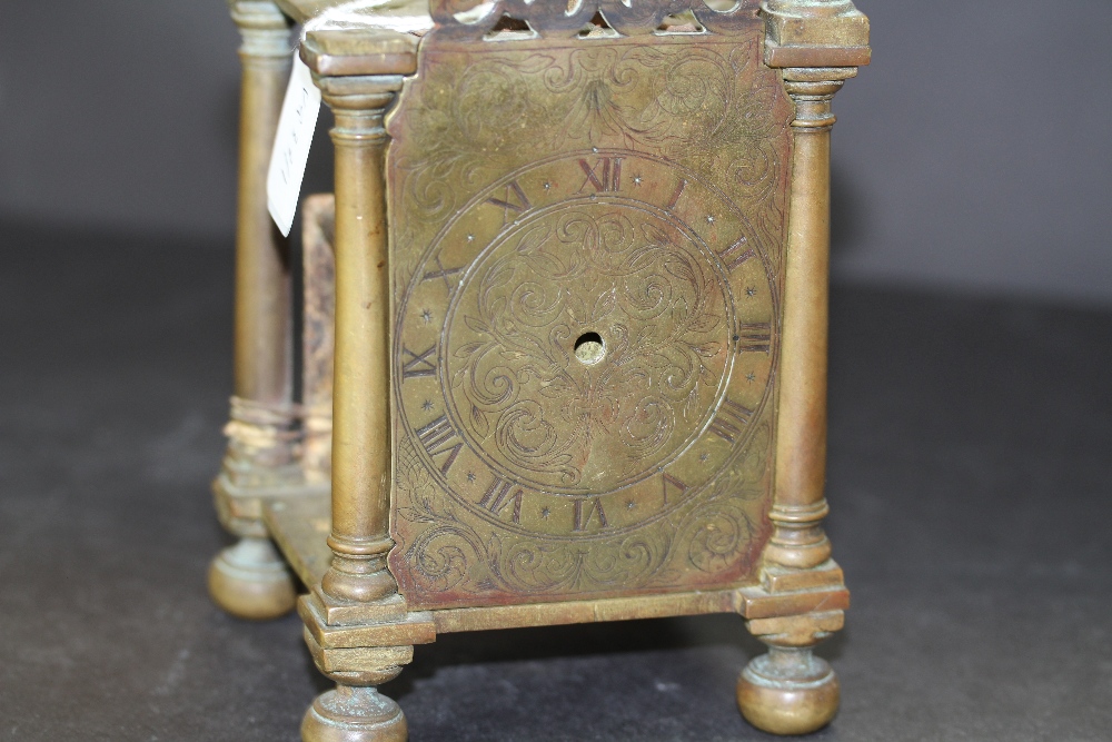 Early 18th Century brass Lantern Clock mechanism, retaining face but lacking hand, bell and sides, - Image 9 of 9