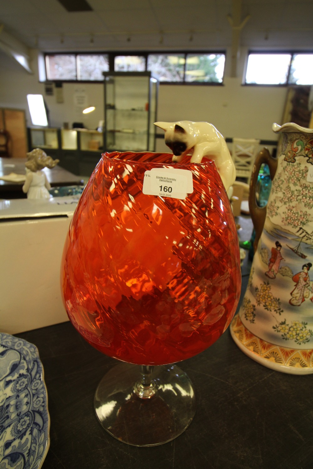 Orange 1970's glass vase with ceramic cat