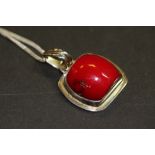 Red coral & silver pendant & chain