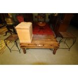 Imported Hard wood coffee table and 2 metal framed tables