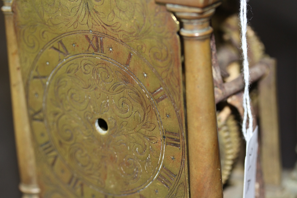 Early 18th Century brass Lantern Clock mechanism, retaining face but lacking hand, bell and sides, - Image 2 of 9