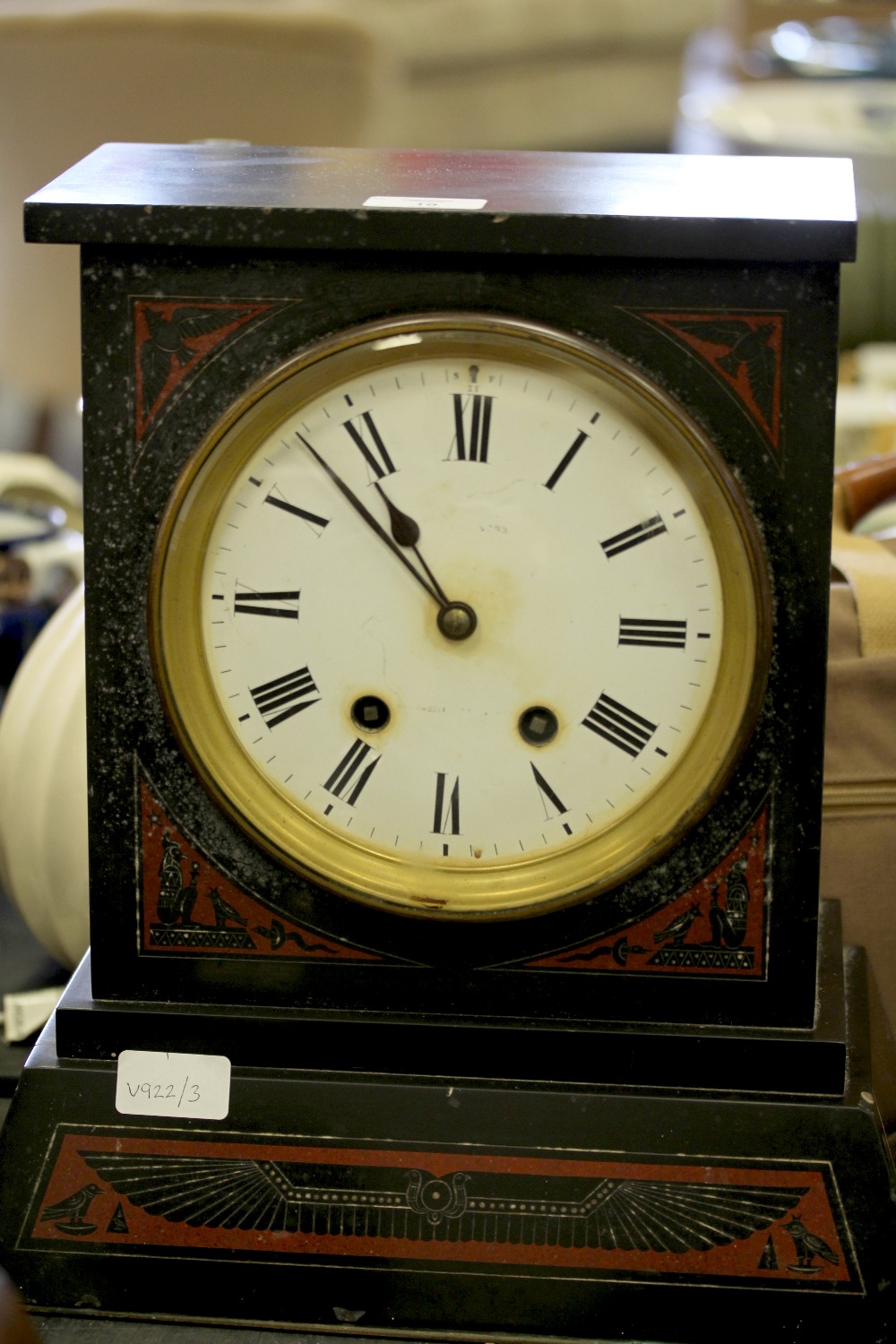 Victorian Egyptian Revival slate mantel clock from Armathwaite Hall, Bassenthwaite