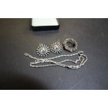 Enamelled silver filigree brooch, pair of silver earrings & white metal chain
