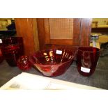3 pieces Whitefriars Ruby Red Glass, 1 ribbon trailed vase & 2 ruby red bubble pieces and a