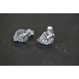 Pair CZ & white metal leaf earrings