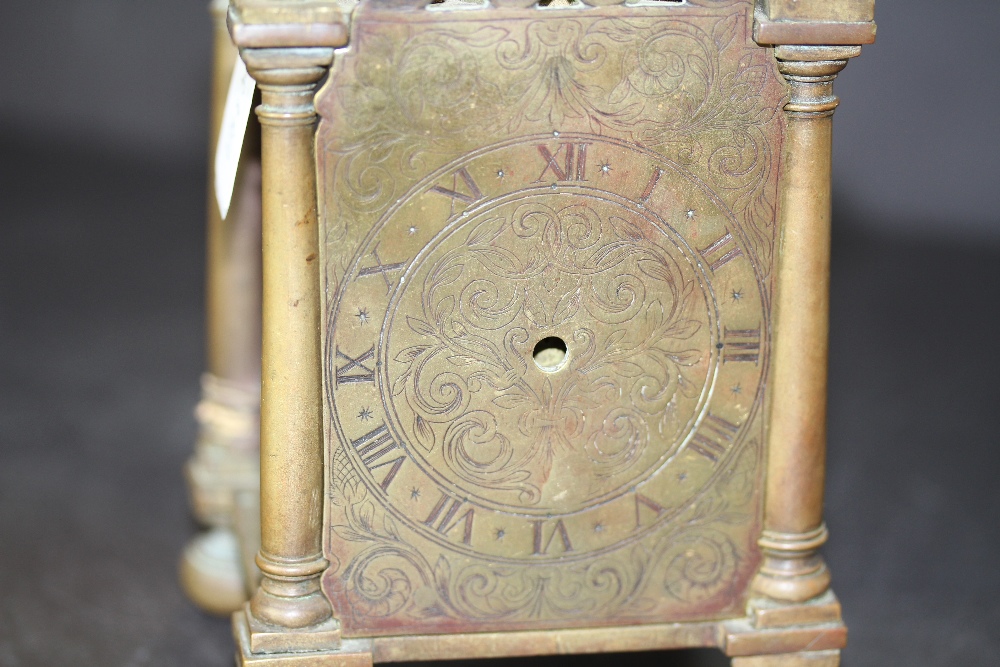 Early 18th Century brass Lantern Clock mechanism, retaining face but lacking hand, bell and sides, - Image 8 of 9