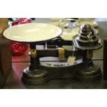Cast iron kitchen scales with enamel pan including weights