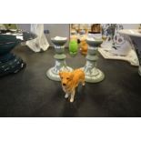 2 green jasper candlesticks & Beswick dog