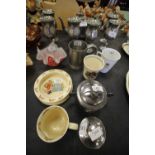 Silver capstan inkwell, plated American Maridian company trinket box, Pilkingtons vase, Bunnykins,