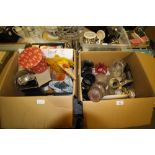 Two boxes of mixed china and glass, Britains toys inc Mary Gregory style glass vase