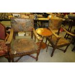 Oak library chairs with decorated seat backs