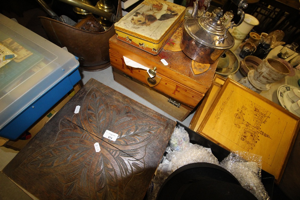 two wooden boxes, silver plated kettle, box of coins and wooden pictures
