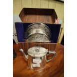 Boxed set of silver plate coasters & plated teapot