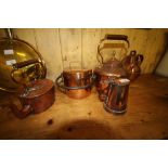 Copper kettle and four other copper items