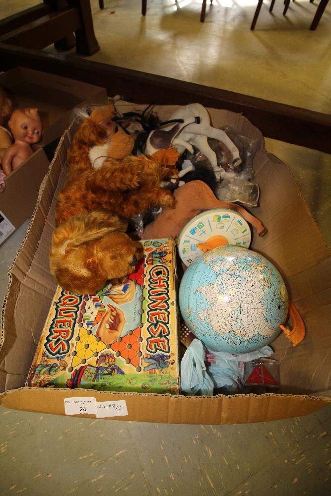 Box of vintage toys including globe