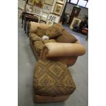 Brown leather and check fabric two seater and stool
