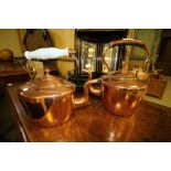 2 copper kettles - one with vaseline glass handle