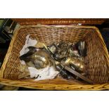 Wicker picnic hamper and a selection of silver plated wares