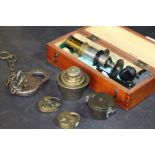 Small microscope, brass weights etc