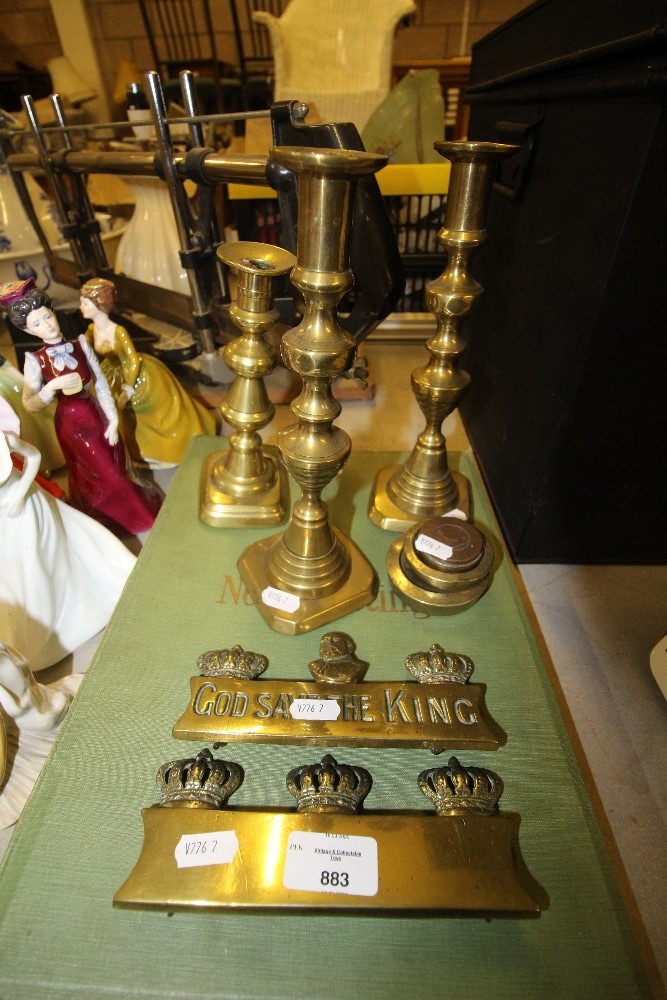 3 Brass candle sticks and other brass wear