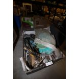 Box of assorted tools inc grease gun and welder gun