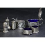 Various silver & Bristol blue glass condiments 515grams gross (including liners)