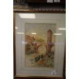 19th C Watercolour, Continental Bridge Scene, later frame