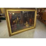 Late Victorian coloured lithograph of a medieval monarchy scene in gilt moulded frame