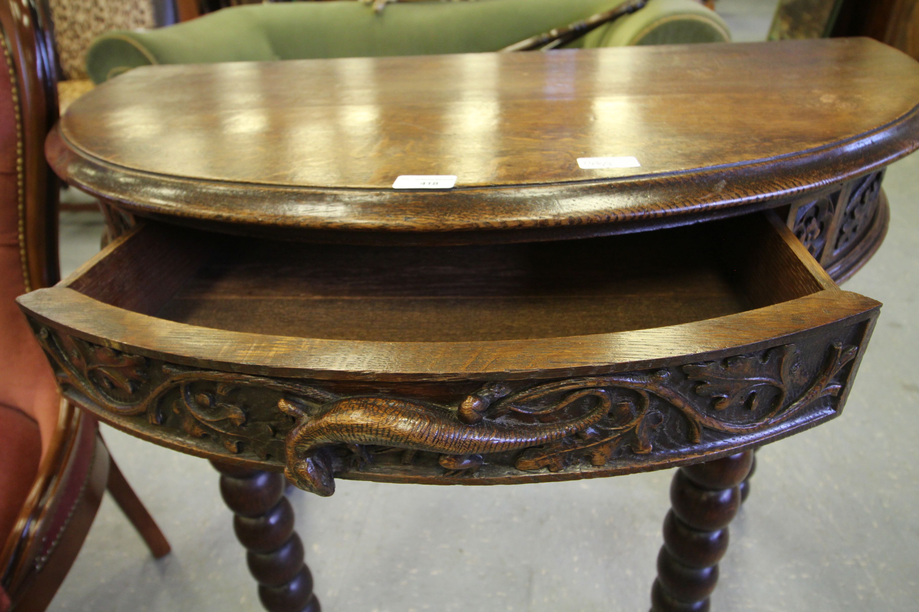 Carved oak 1/2 moon hall table - Image 2 of 2