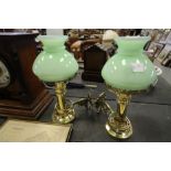 Pair of Brass Naval Candle Holders, with cast gimbal fitments (a.f.), with later glass shades