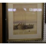 R Wright - Watercolour, Mud Barges, Southampton Water, signed & dated 1986, label verso, later