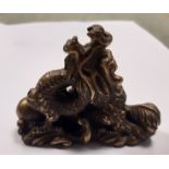 Chinese brass paperweight modelled as Dragon with Flaming Pearl, 7cm high