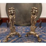Pair of Georgian style brass Lion fire dogs, each 24cm wide x 42cm deep x 44cm high