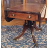 Regency mahogany Pembroke supper table, reeded top, fitted one real and one dummy drawer with inlaid