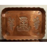 1930's French souvenir hand embossed copper tray, decorated with the coat of arms of Pau, South West