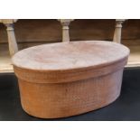 19th Century tooled brown leather covered oval lidded hat box, red velvet lined, 37cm x 25xm x