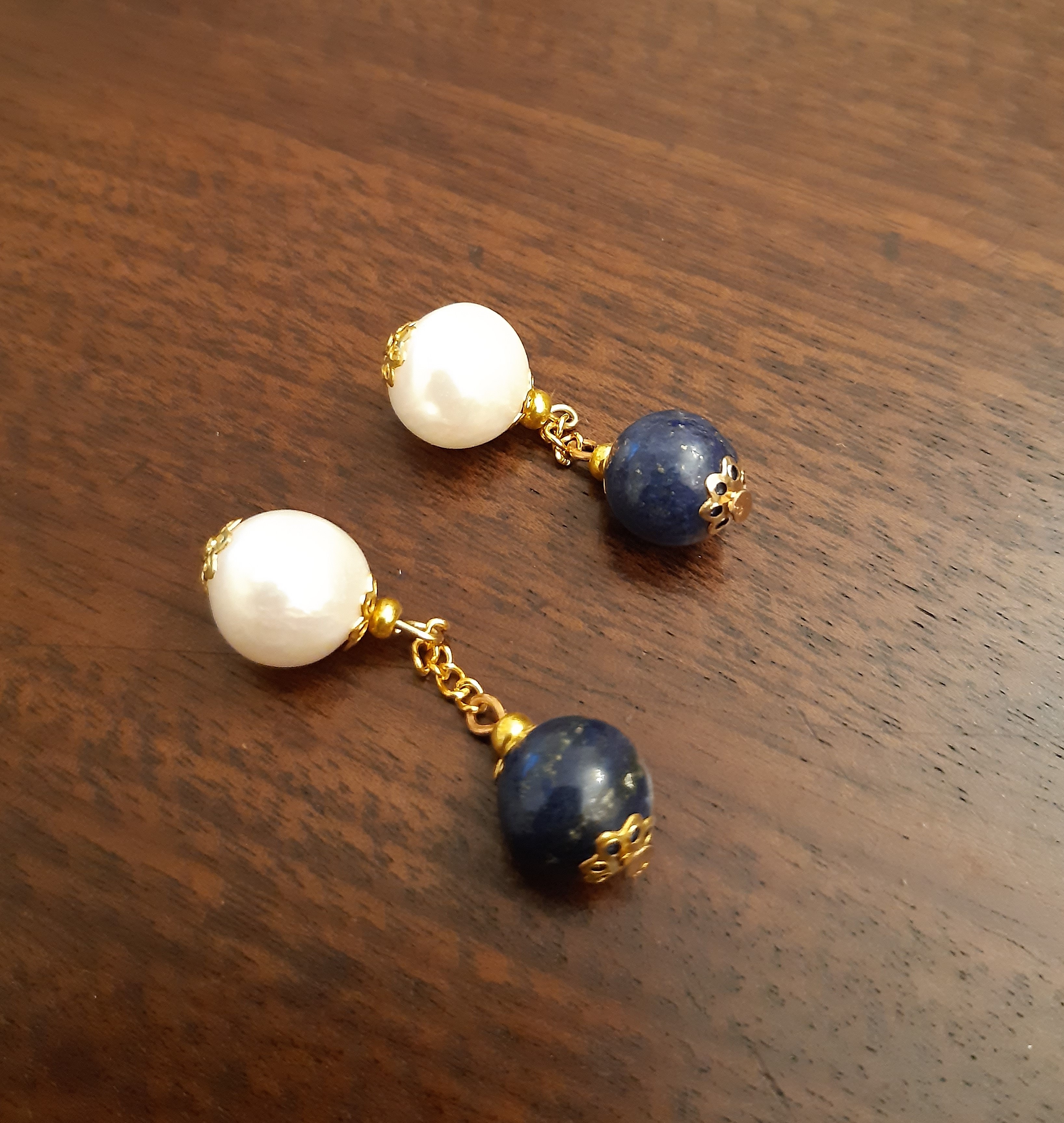 Pair pearl, lapis lazuli and gilt metal spherical cufflinks